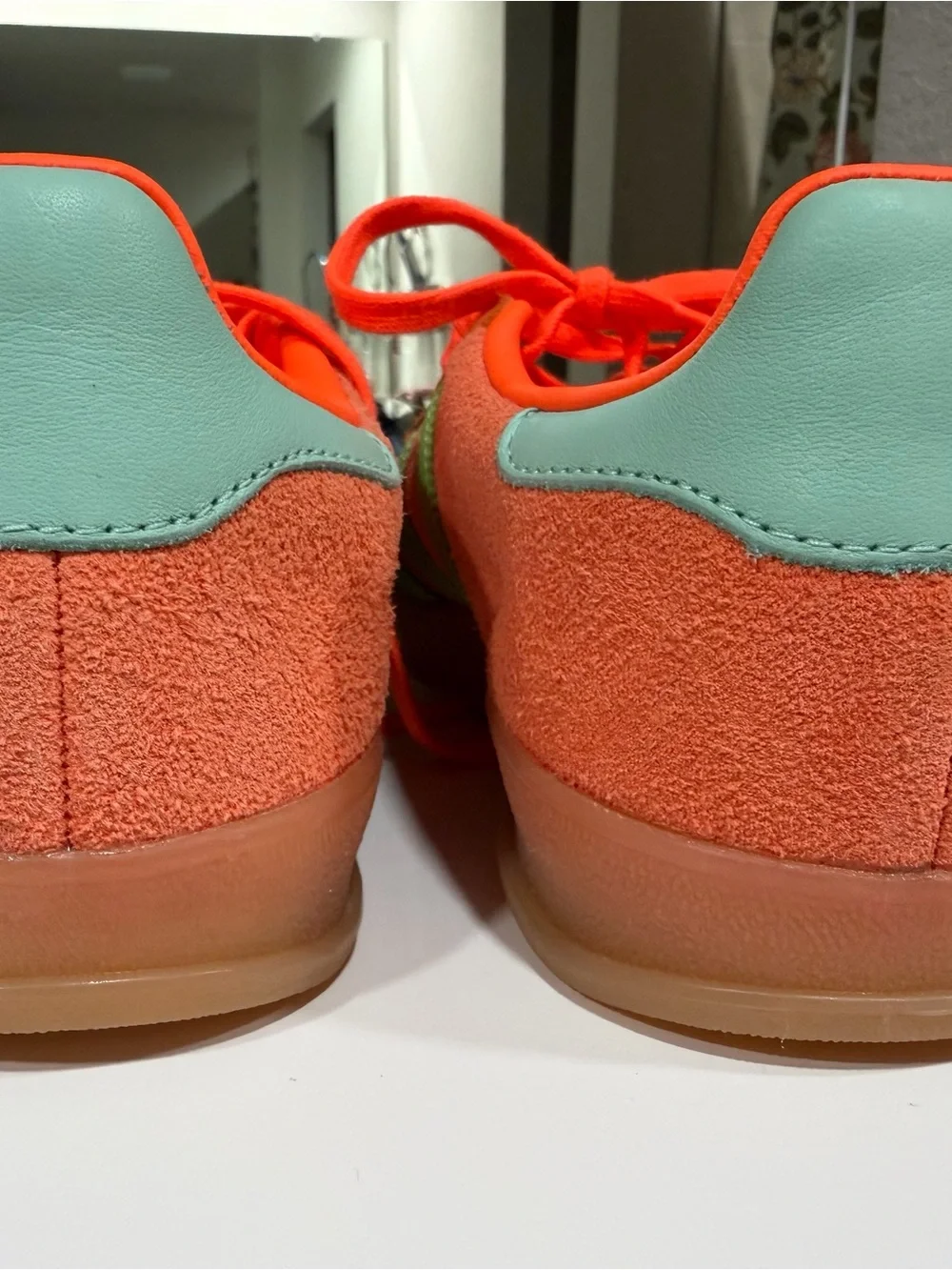 adidas Kids Bright Orange Suede Sneakers with Green Stripes